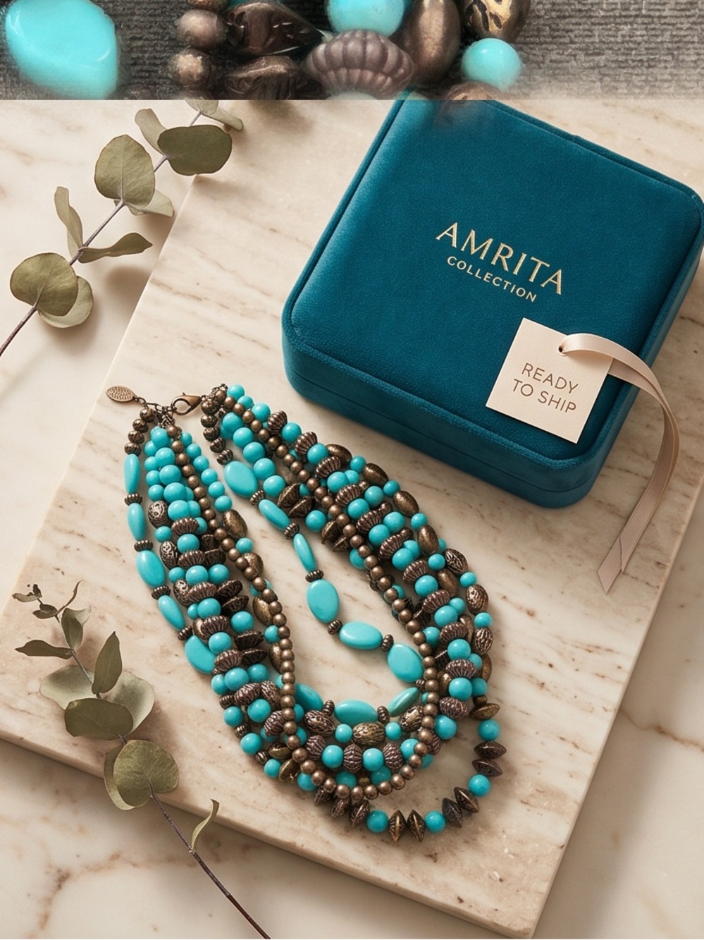Amrita Singh Boho Multi-Strand Turquoise Antique Bronze Beaded Bib Necklace